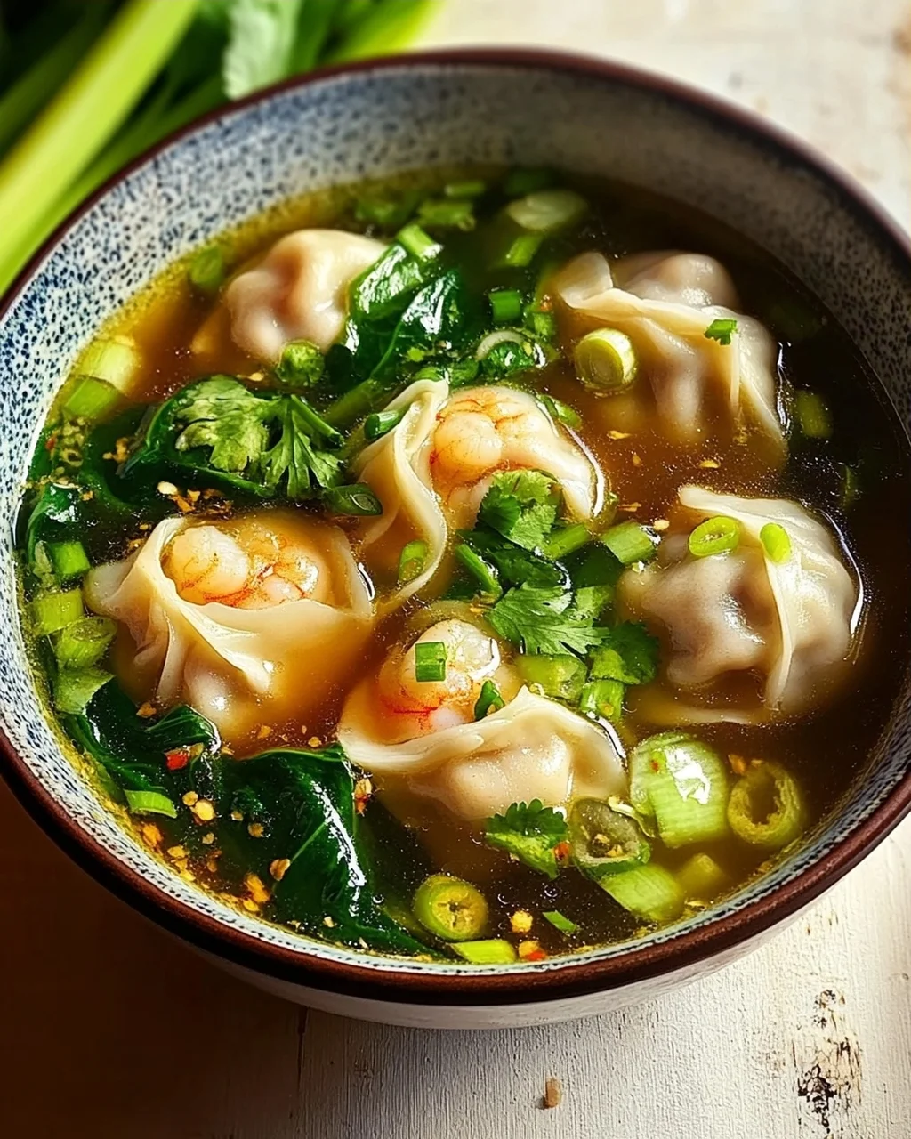 Aromatische Garnelen Dumpling Suppe mit frischem Pak Choi