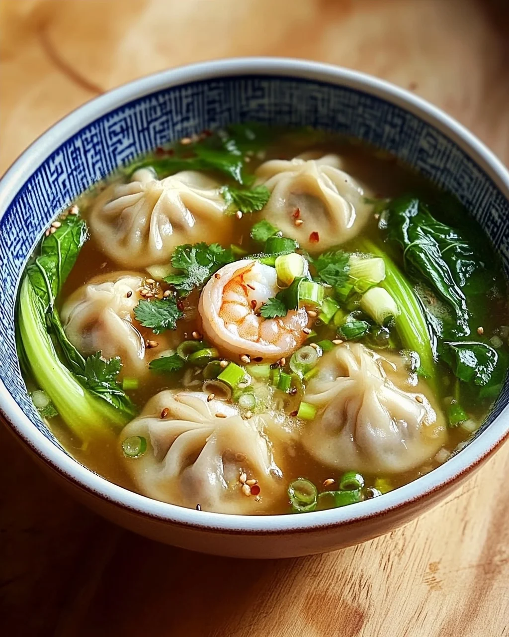 Aromatische Garnelen Dumpling Suppe mit frischem Pak Choi