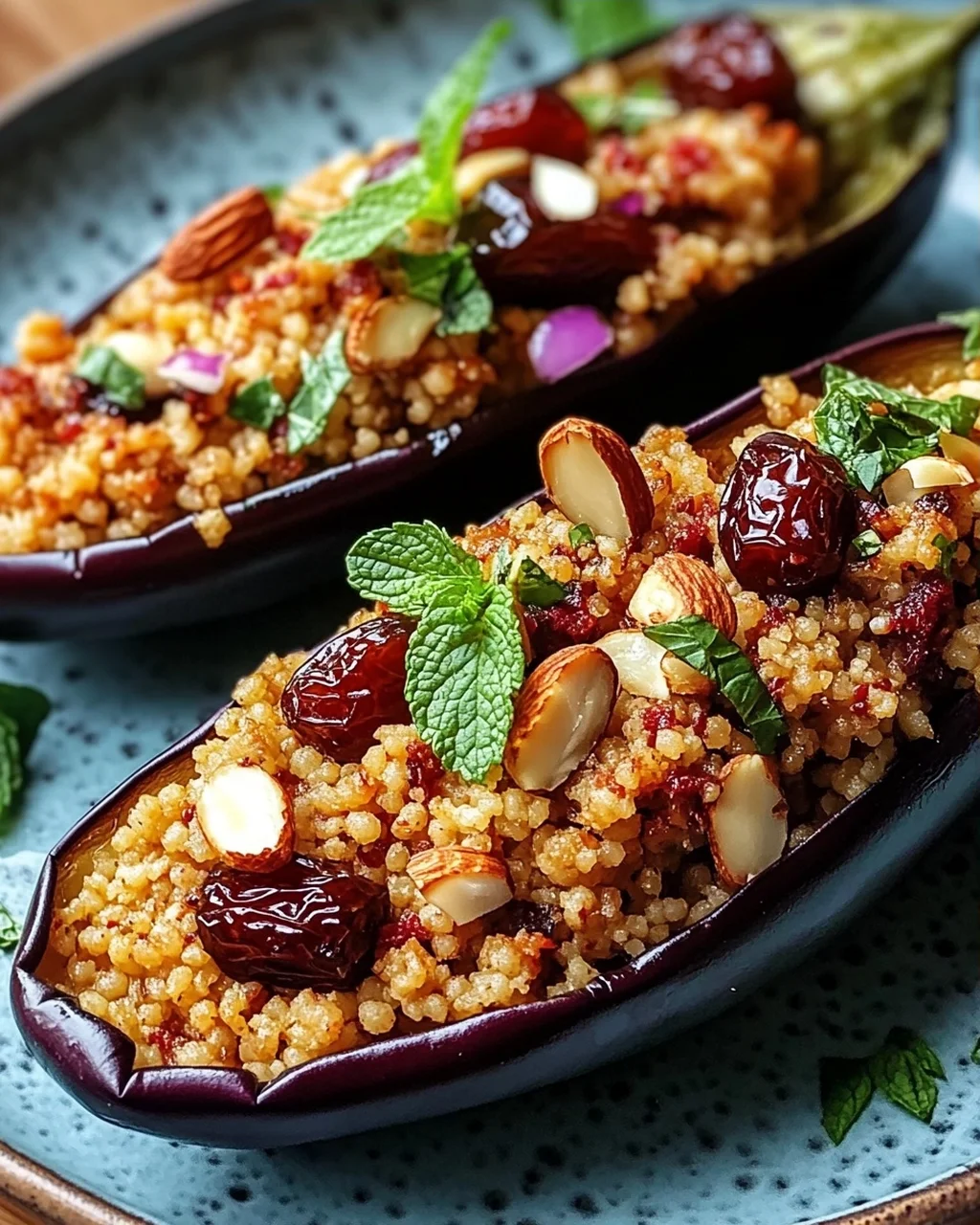 Auberginen mit Dattel-Mandel-Couscous und Minze