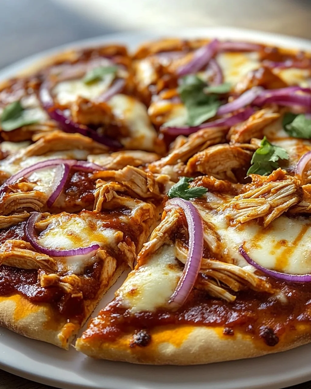 BBQ Hähnchen Pizza: Knusprig & würzig mit roten Zwiebeln