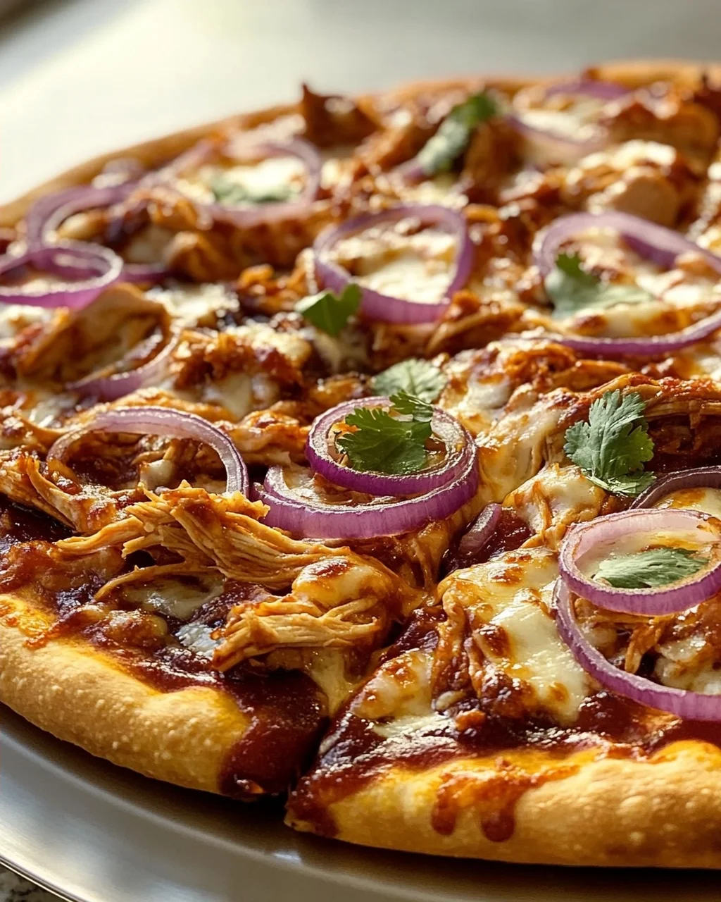 BBQ Hähnchen Pizza: Knusprig & würzig mit roten Zwiebeln