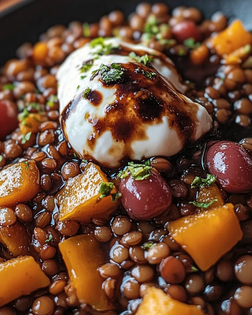 Balsamico Linsen mit geröstetem Hokkaido-Kürbis und Burrata