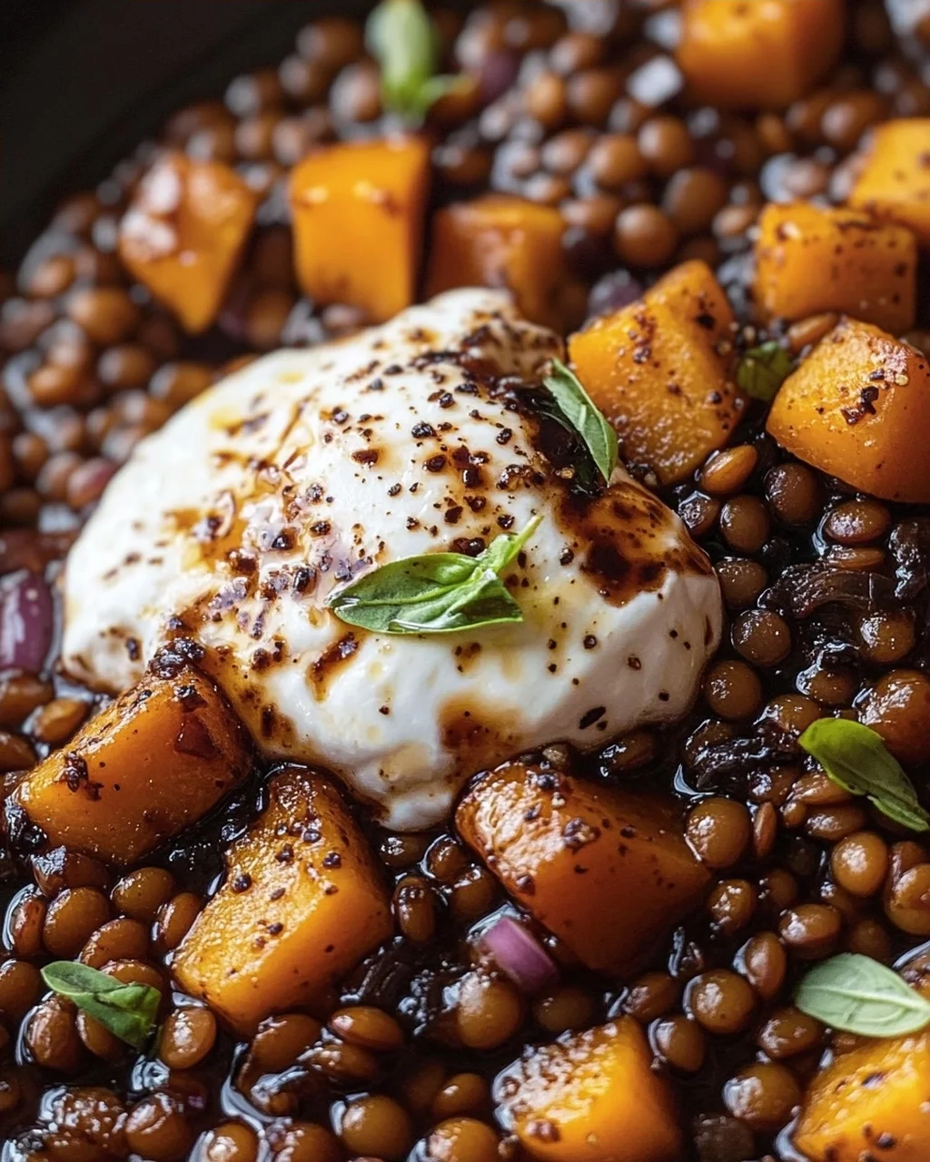 Balsamico Linsen mit geröstetem Hokkaido-Kürbis und Burrata