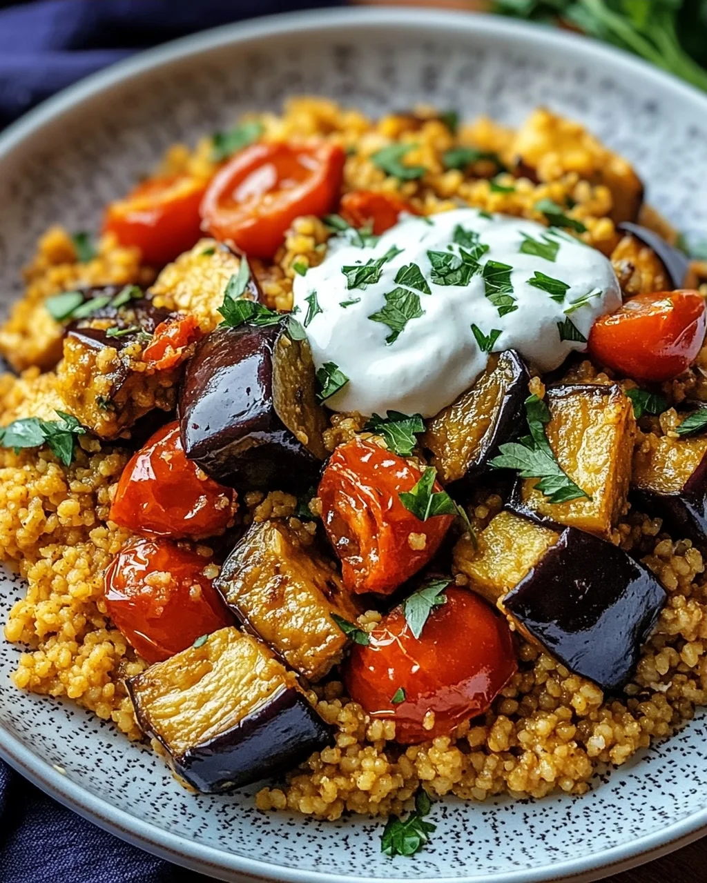 Bulgur mit Tomaten, Auberginen und Joghurt