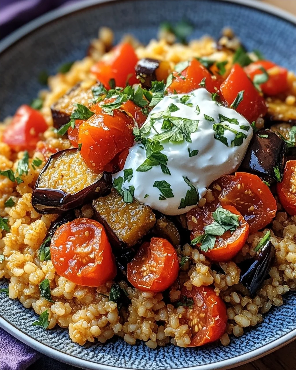 Bulgur mit Tomaten, Auberginen und Joghurt