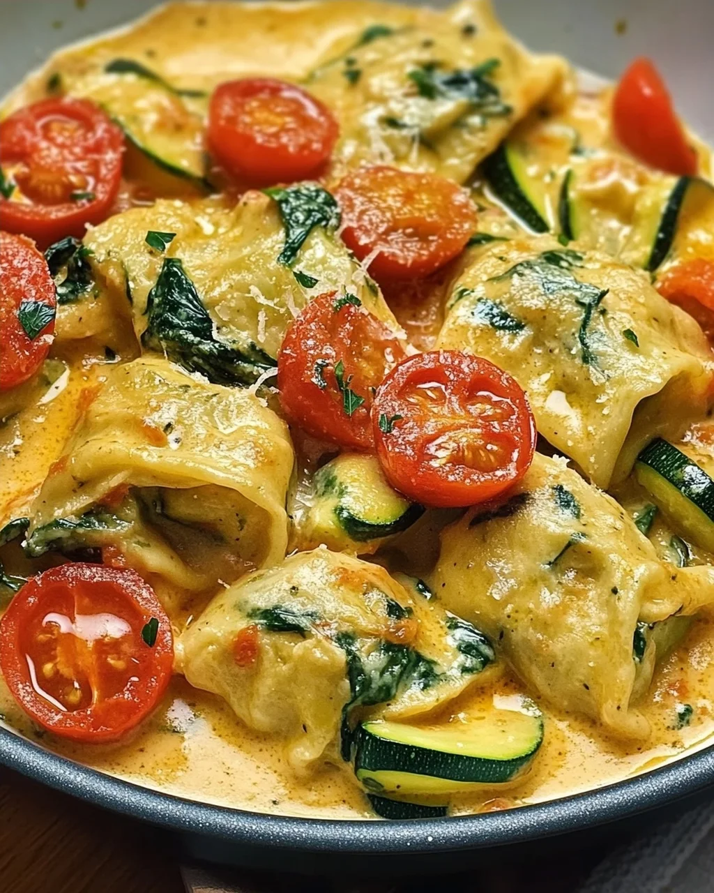 Cremige Maultaschenpfanne mit Zucchini und Tomaten genießen!