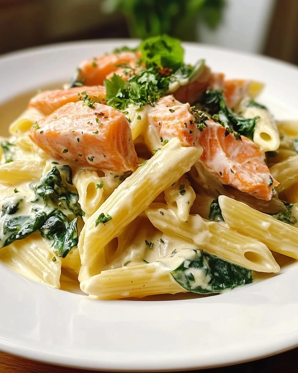 Cremige Penne mit Lachs, Sahnesauce & frischem Spinat
