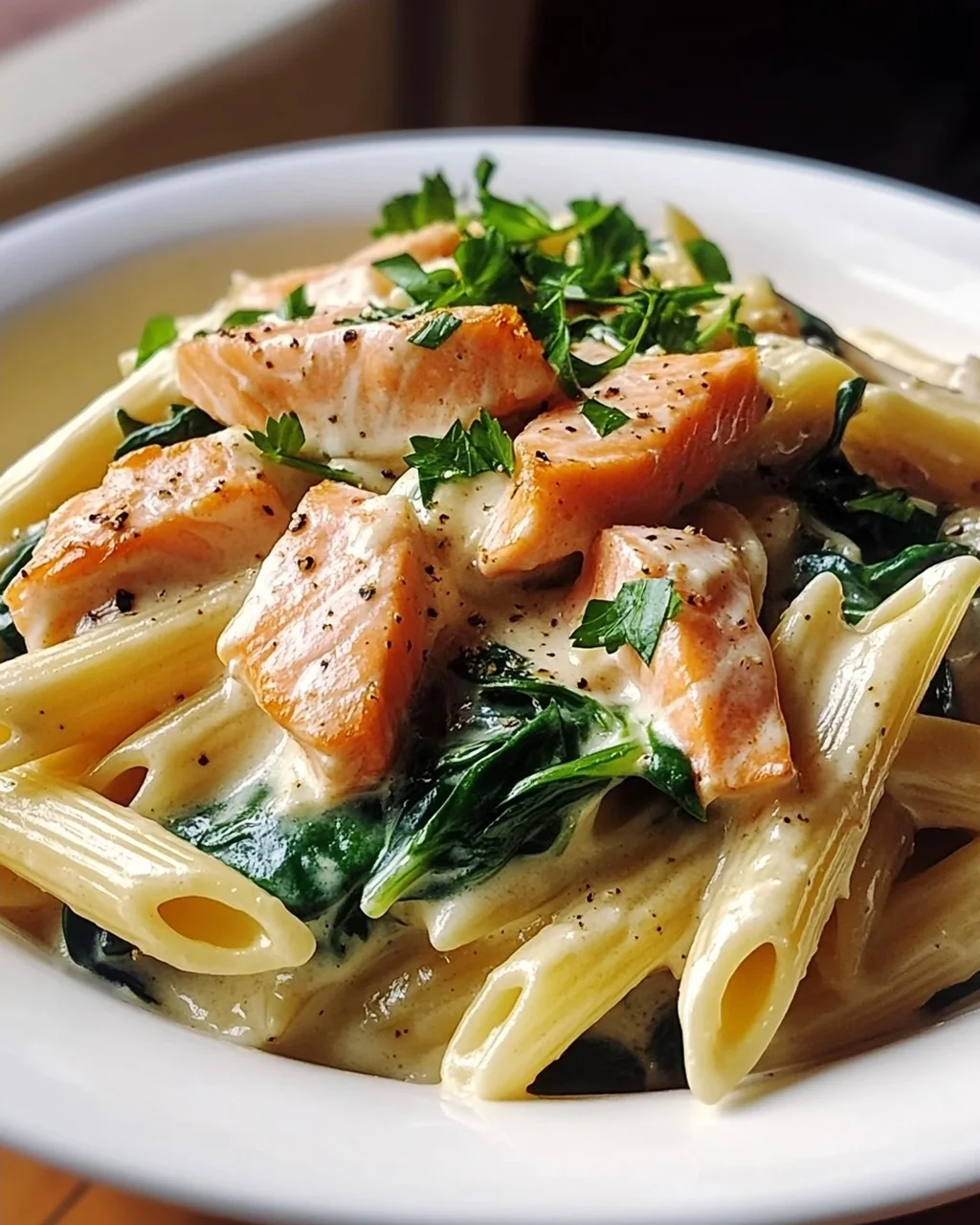 Cremige Penne mit Lachs, Sahnesauce & frischem Spinat