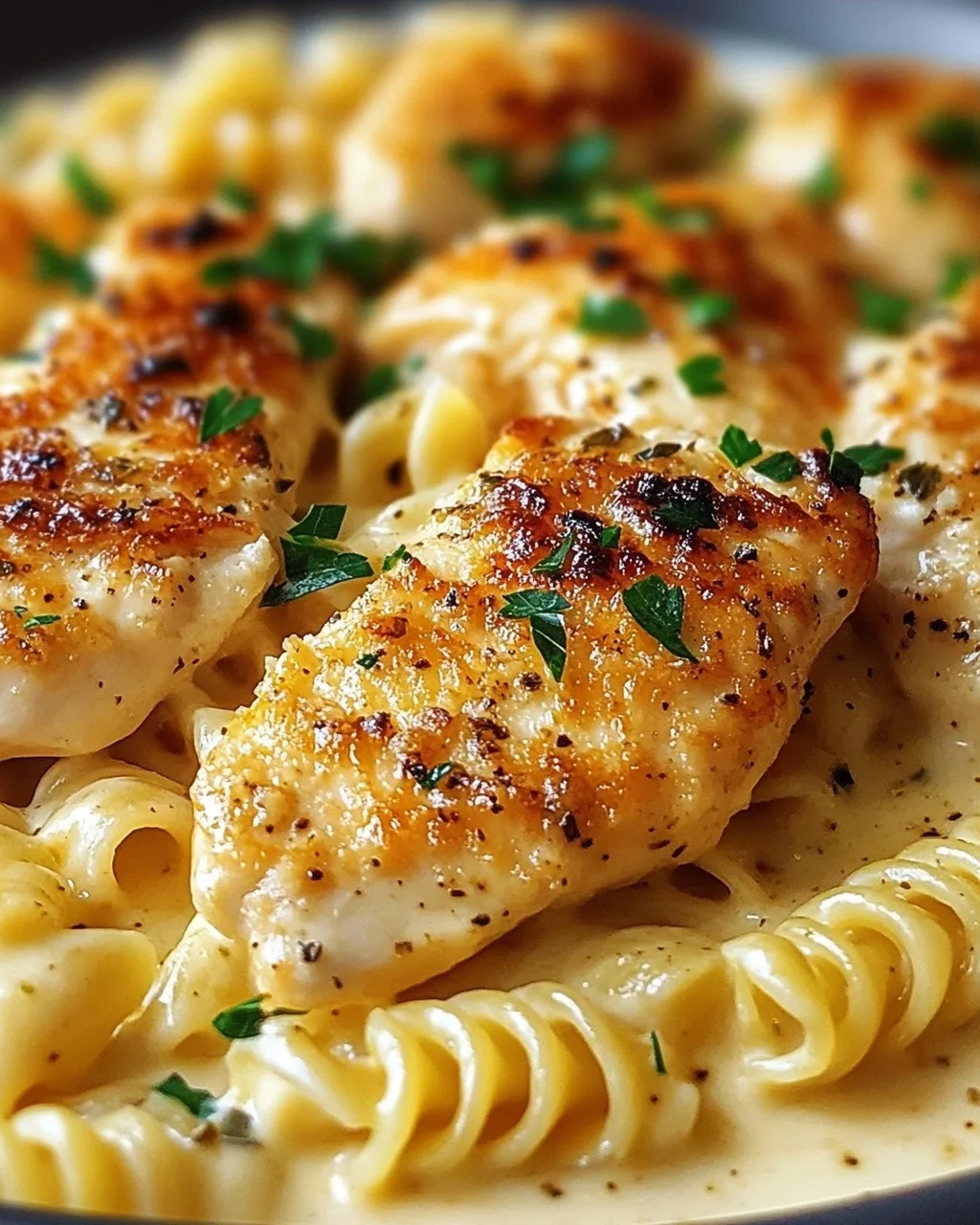 Cremiges Knoblauch-Parmesan Hähnchen & Käse-Twist Pasta