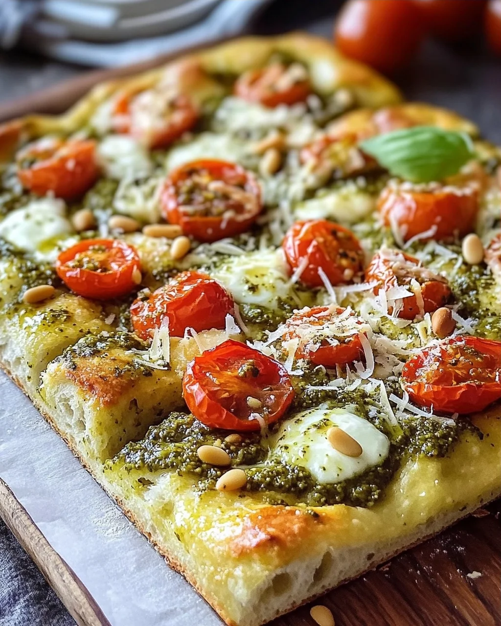 Die beste Focaccia mit Pesto und Tomaten