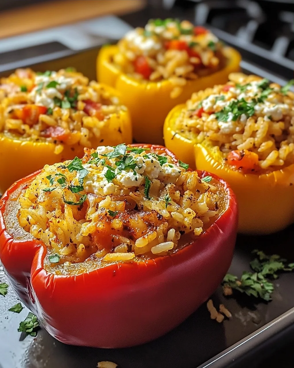 Gefüllte Paprika mit Reis und Feta Rezept einfach zubereiten