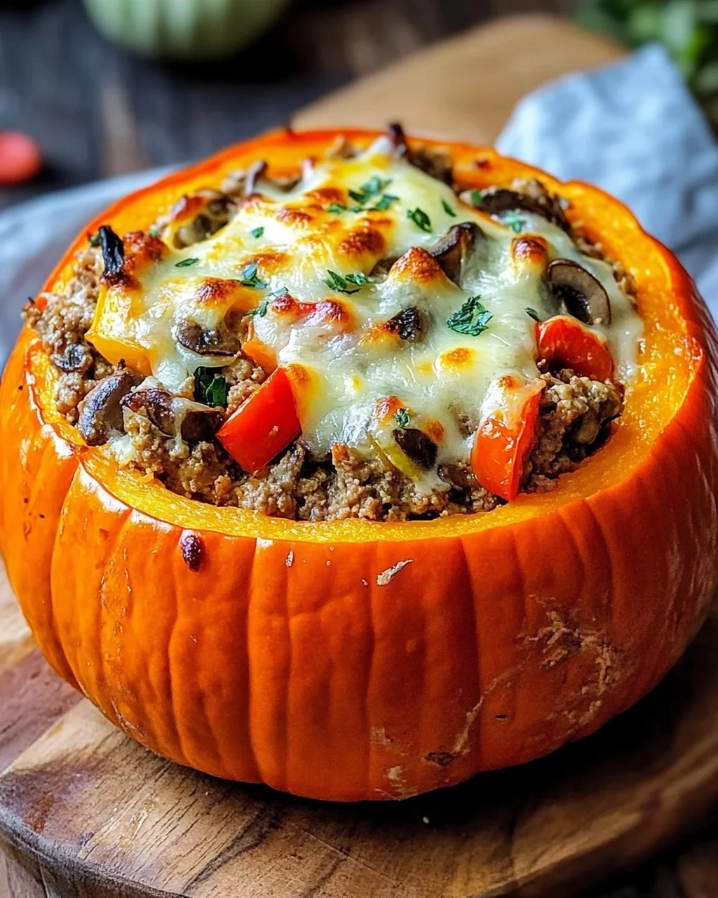Gefüllter Kürbis mit Fleisch, Champignons, Paprika und Käse aus dem Ofen