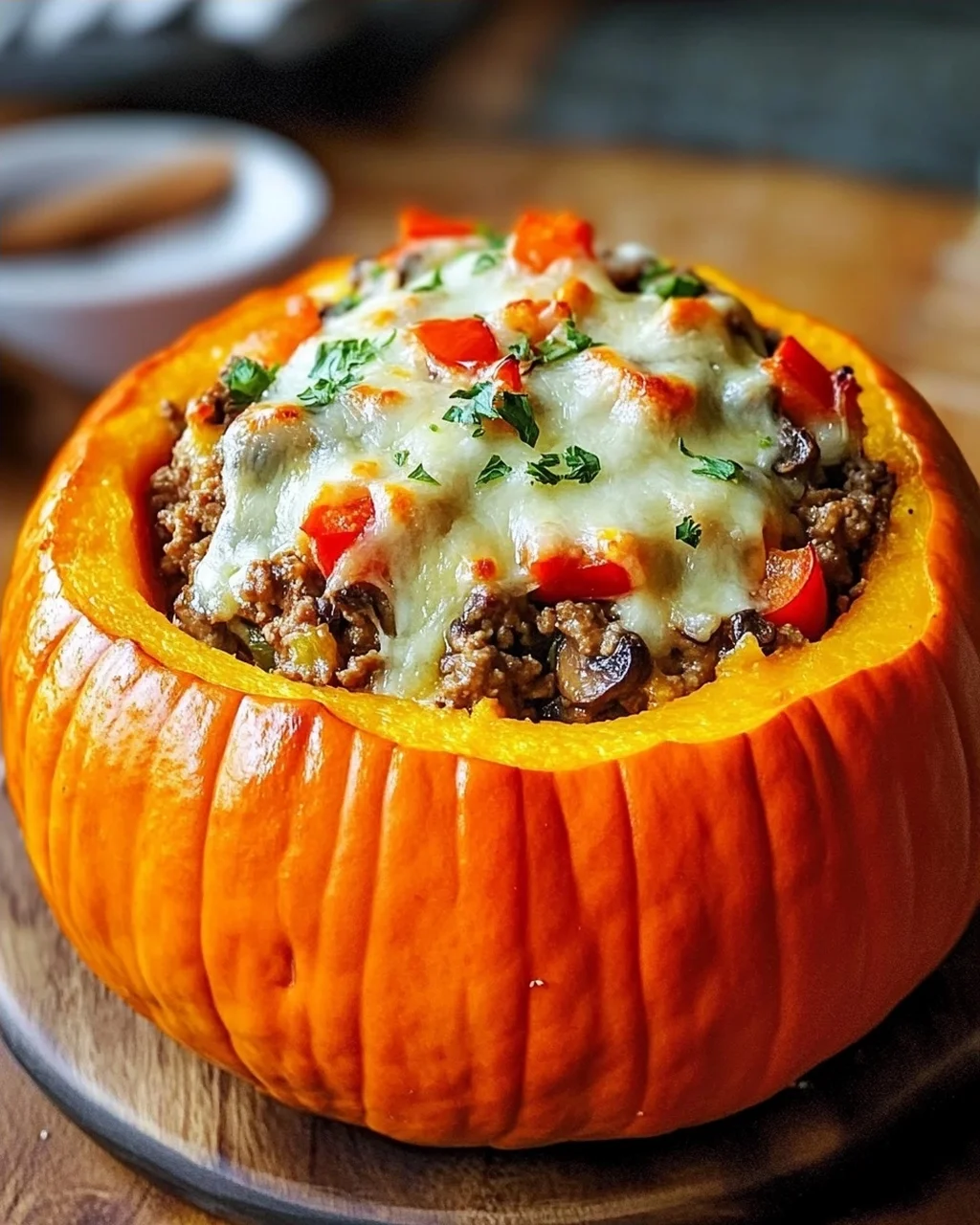 Gefüllter Kürbis mit Fleisch, Champignons, Paprika und Käse aus dem Ofen