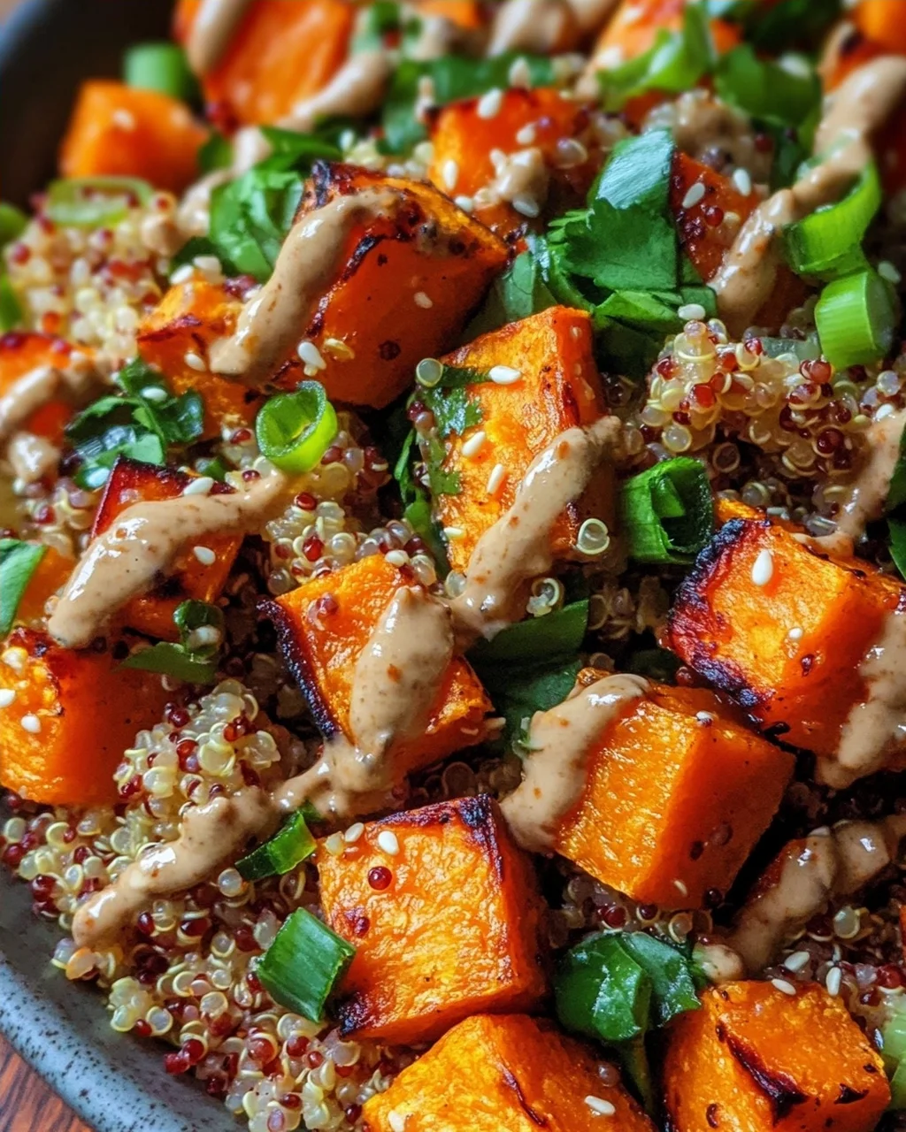 Gerösteter Süßkartoffel-Quinoa-Salat mit Sesam-Miso-Sauce