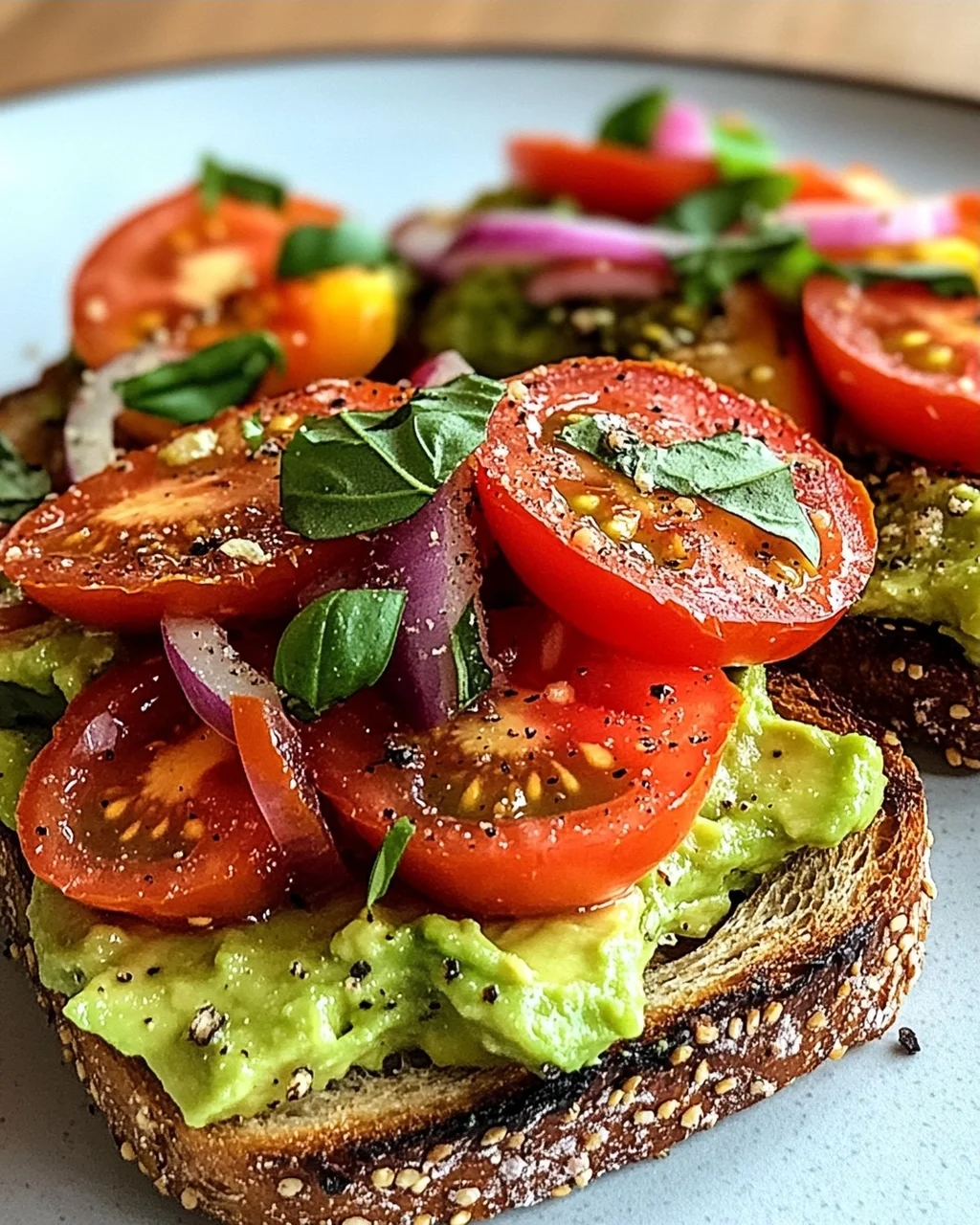 Geröstetes Brot mit Avocadobutter und Tomatensalat