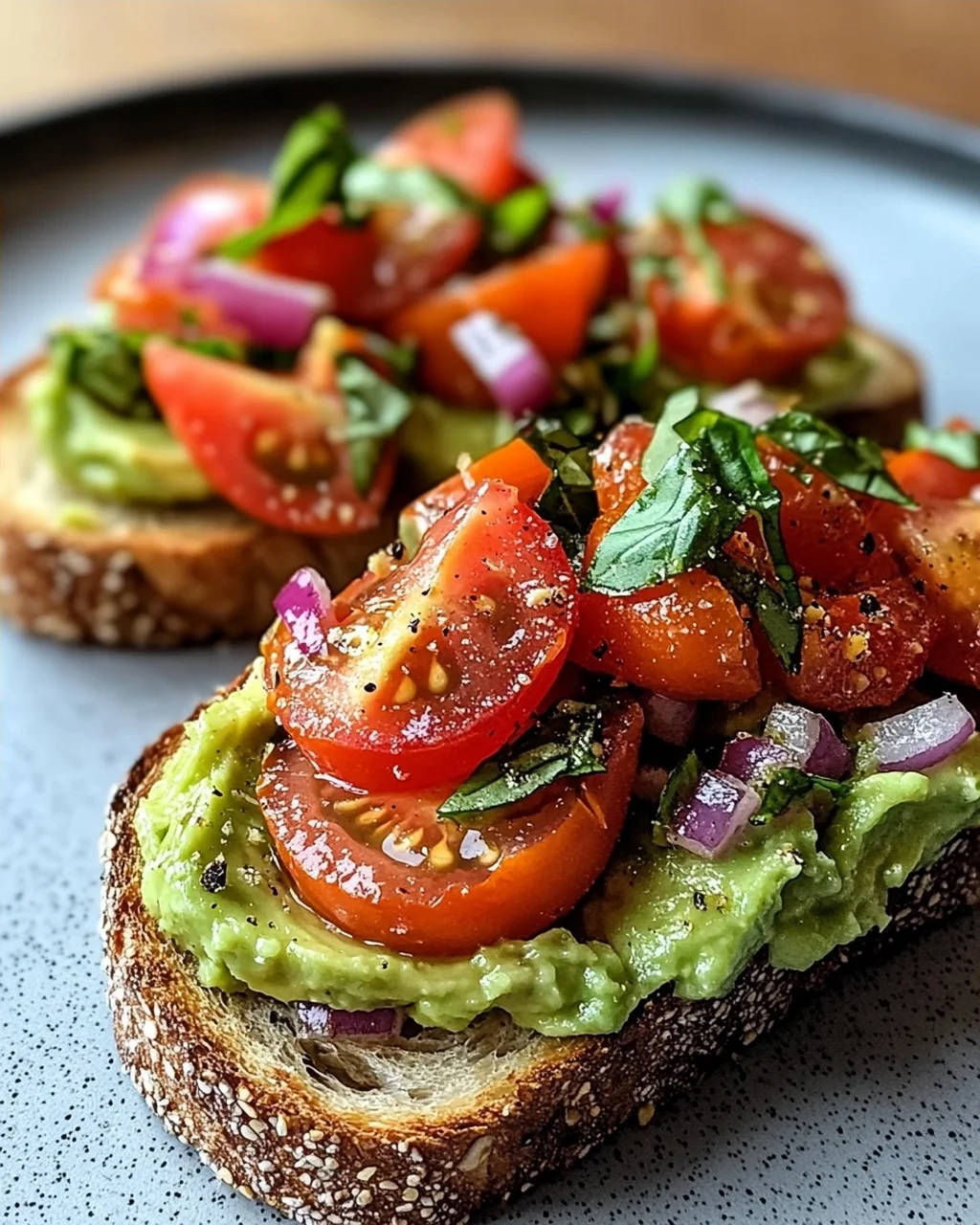 Geröstetes Brot mit Avocadobutter und Tomatensalat