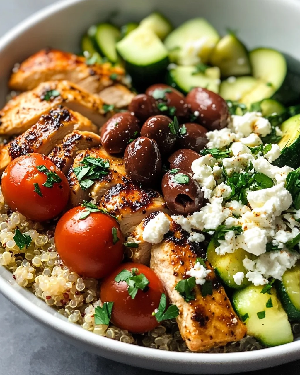 Griechische Hähnchen-Bowls mit Quinoa und Oliven - Einfach lecker!
