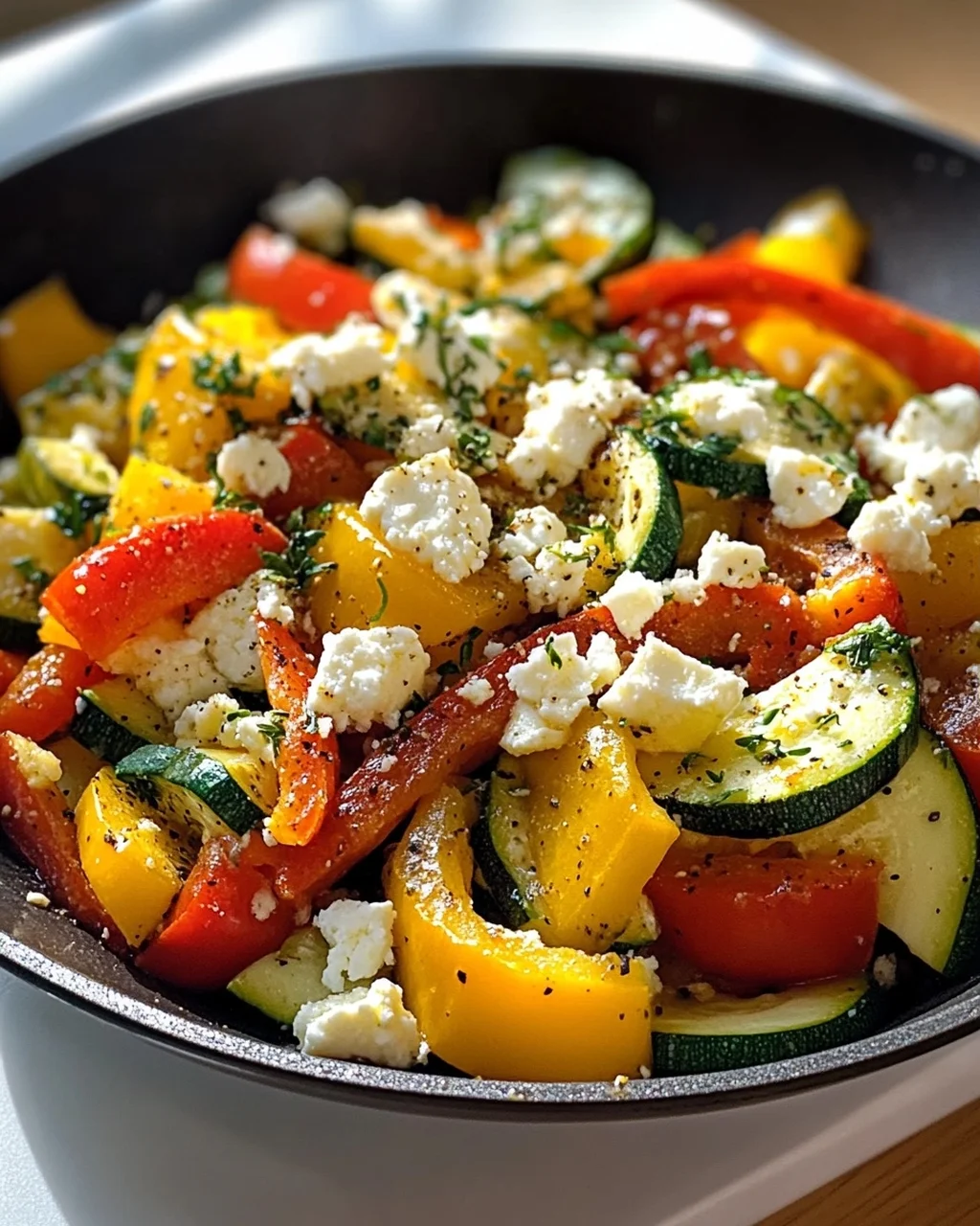 Leckere Feta Gemüse Pfanne mit Paprika und Zucchini