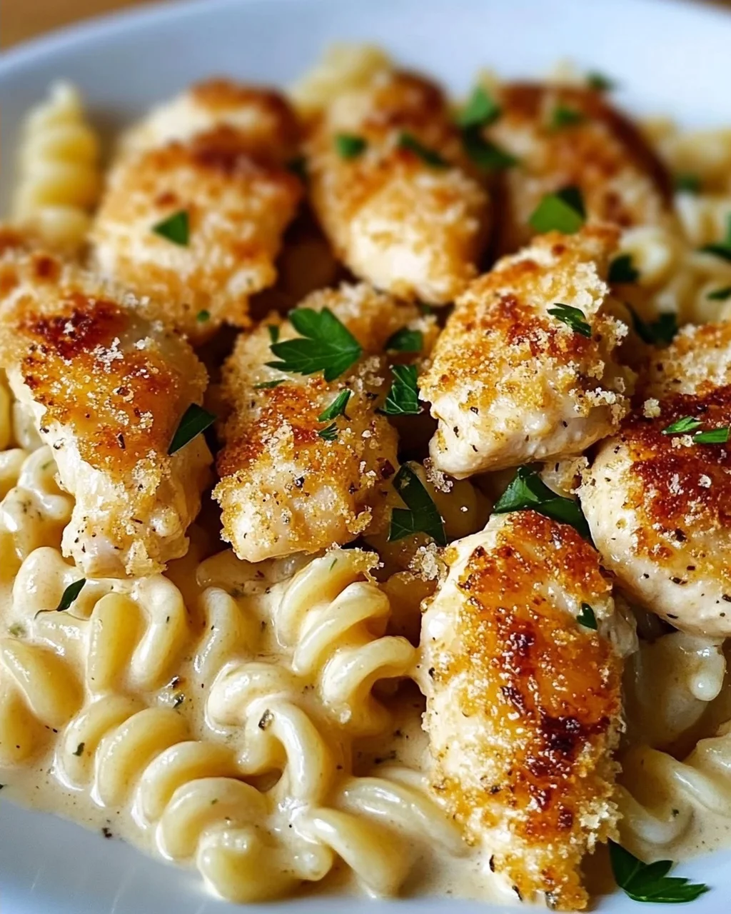 Leckere Knoblauch Parmesan Hähnchen Bites & cremige Rotini
