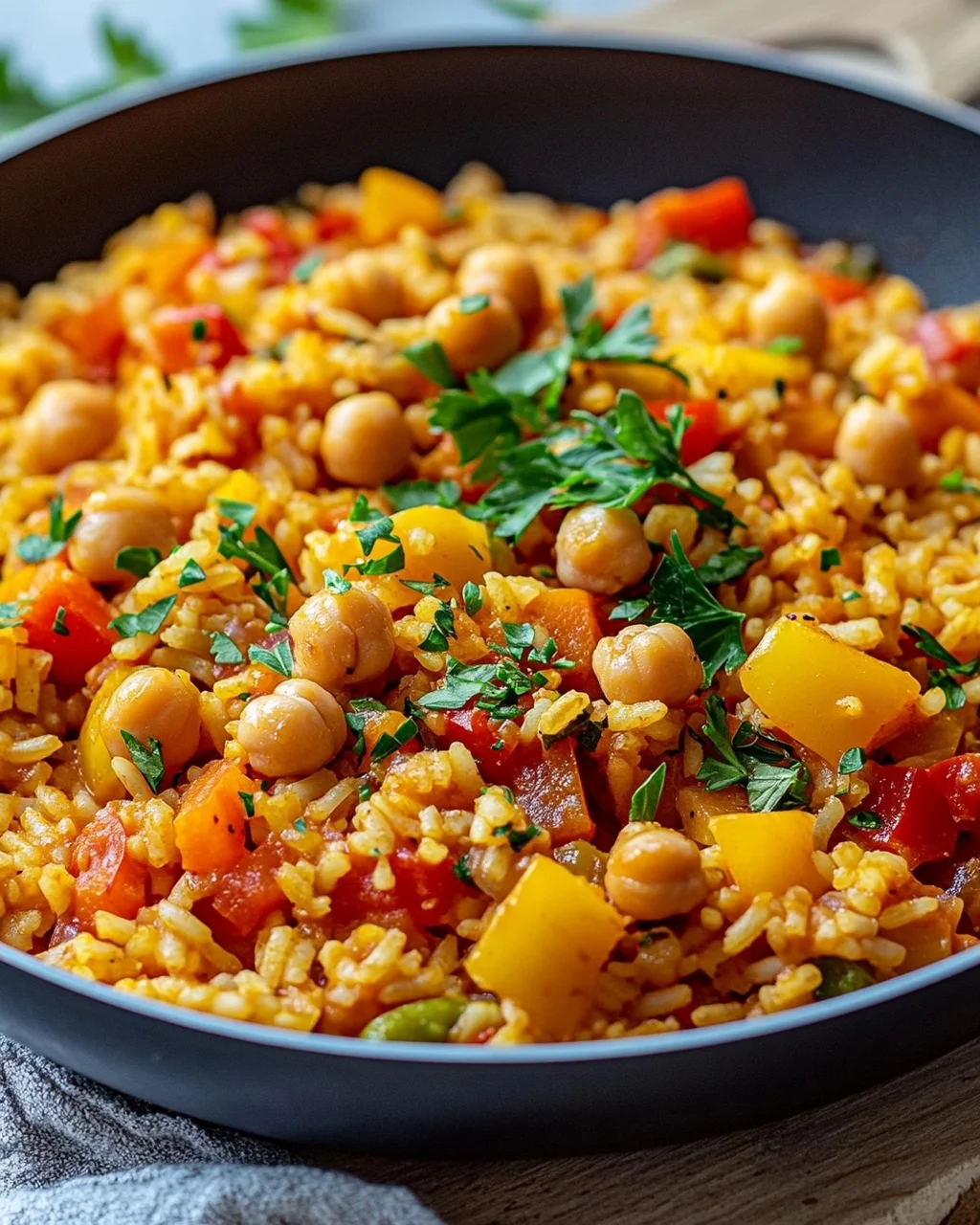 Leckere vegane Paprika Reis Pfanne mit Kichererbsen