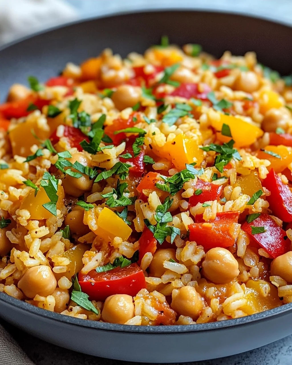 Leckere vegane Paprika Reis Pfanne mit Kichererbsen