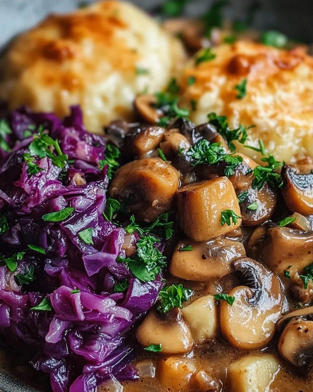 Pilz-Maronen Ragout mit Ofenknödeln und Rotkraut