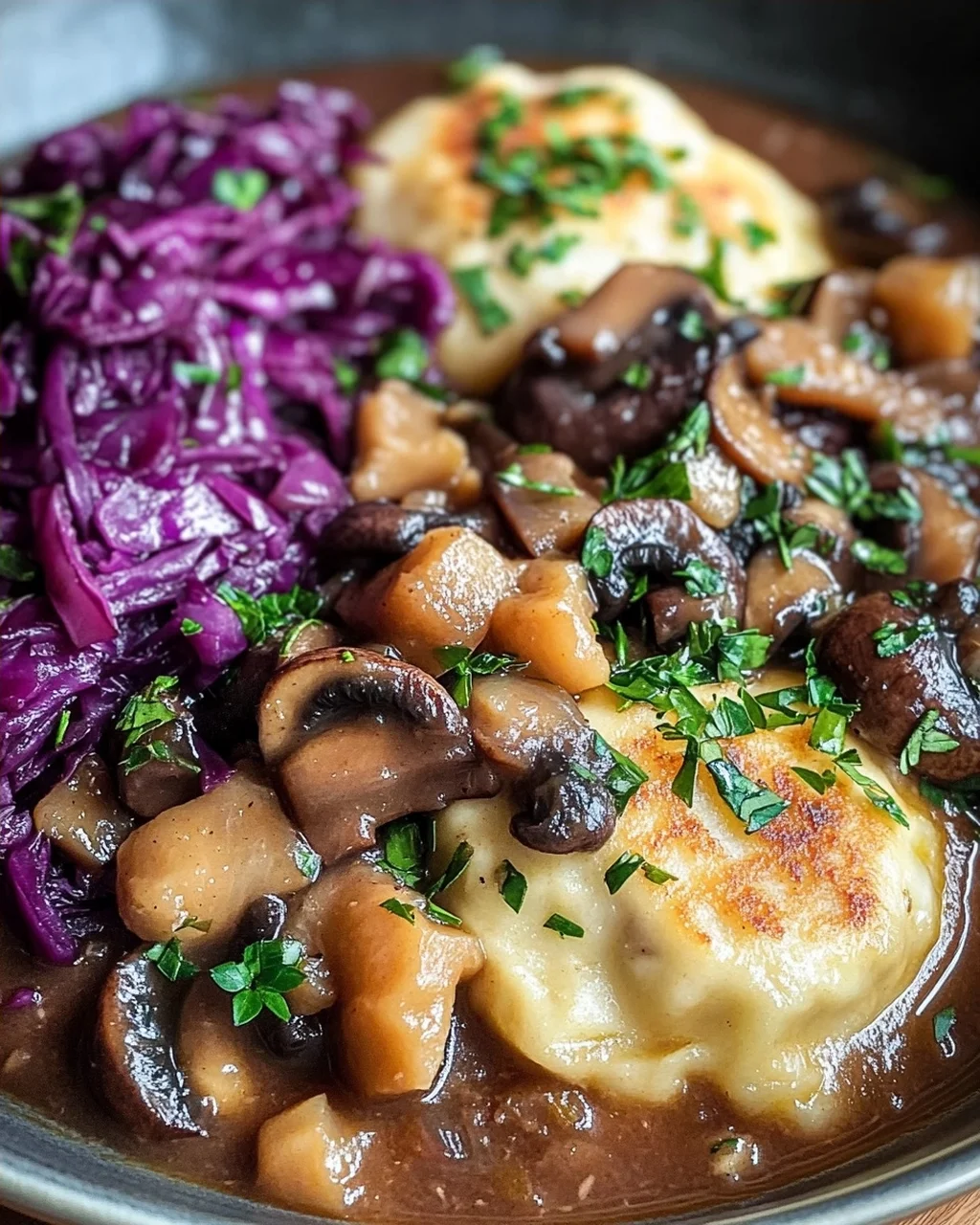 Pilz-Maronen Ragout mit Ofenknödeln und Rotkraut