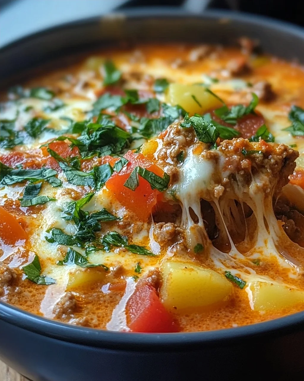 Pizzasuppe mit Hackfleisch und Kartoffeln im Slow Cooker