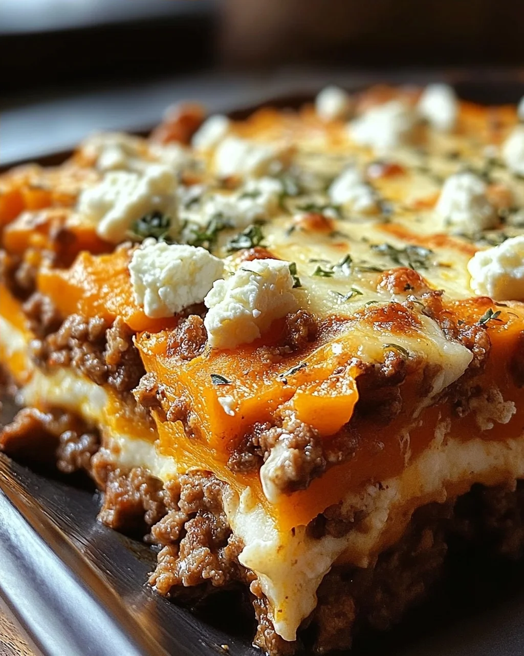 Süßkartoffel-Hackfleisch-Auflauf mit Feta