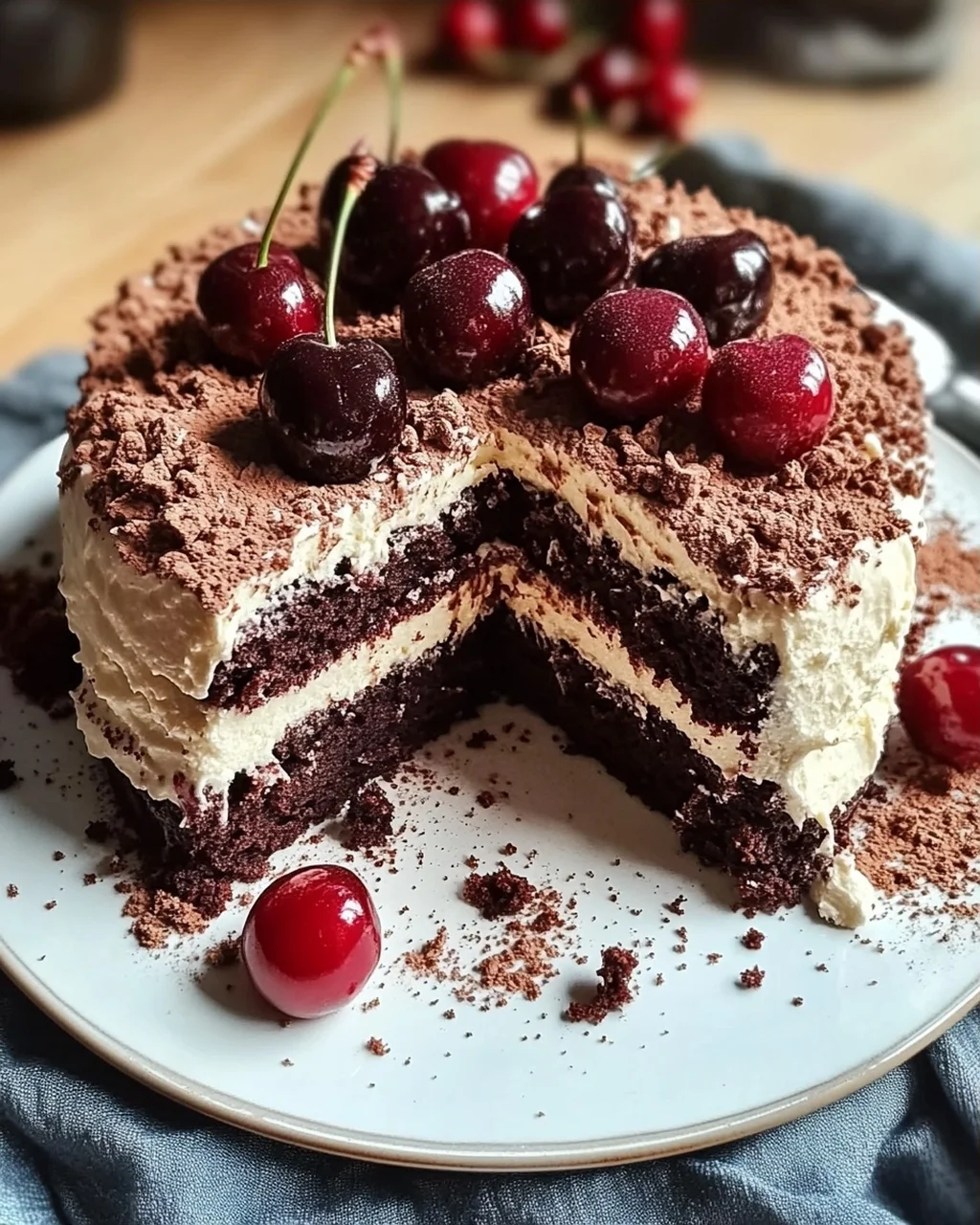 Winterlicher Maulwurfkuchen mit Zimtsahne und Punschkirschen