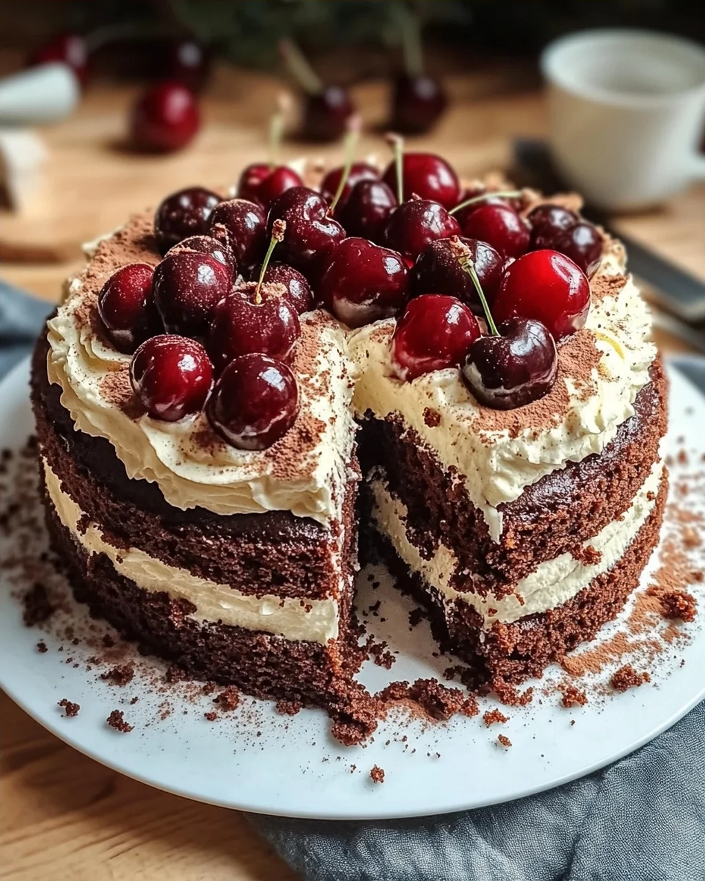 Winterlicher Maulwurfkuchen mit Zimtsahne und Punschkirschen